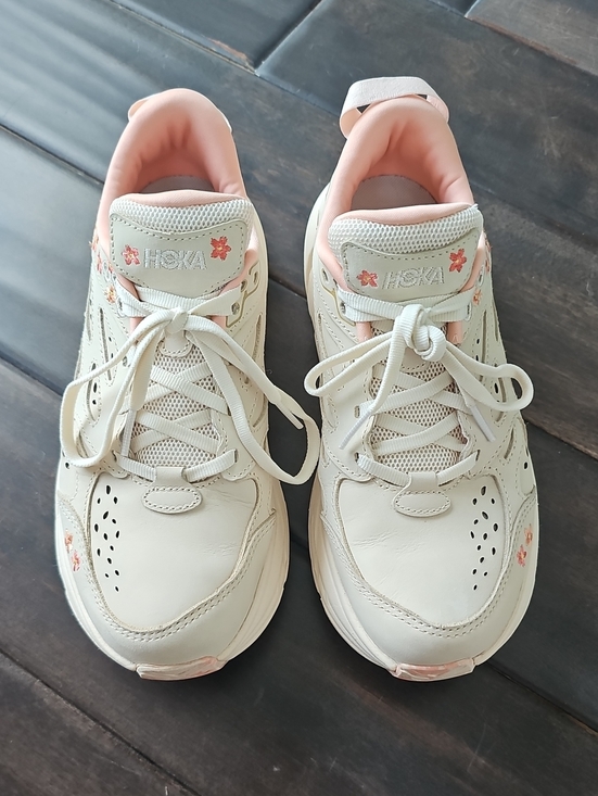 Hoka Shoes - Hoka Women's Cream Athletic Sneakers with Pink/Peach Accents with Floral Details